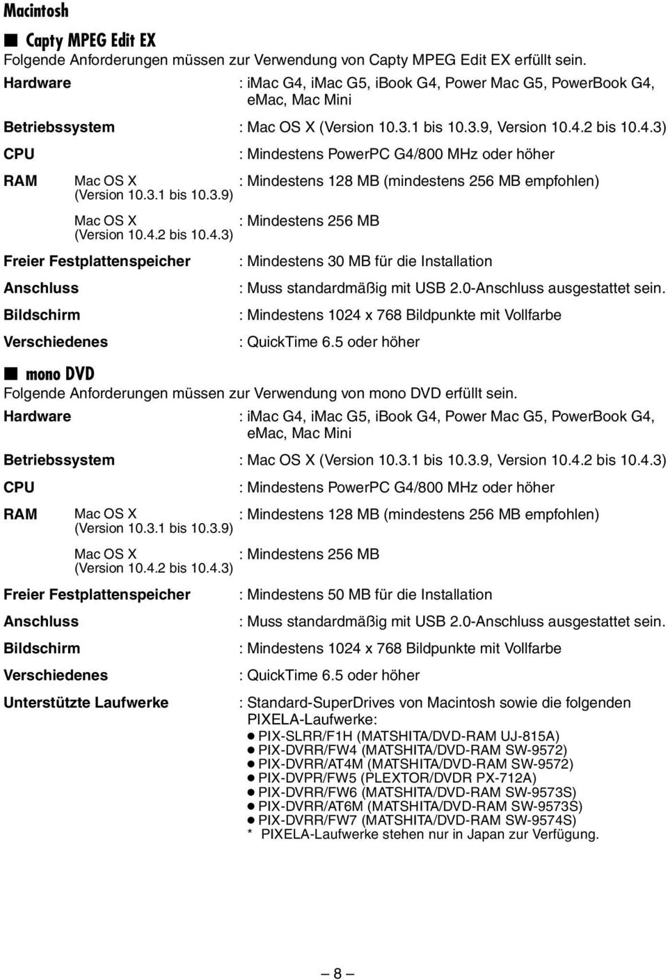 3.1 bis 10.3.9) Mac OS X : Mindestens 256 MB (Version 10.4.2 bis 10.4.3) Freier Festplattenspeicher : Mindestens 30 MB für die Installation Anschluss : Muss standardmäßig mit USB 2.