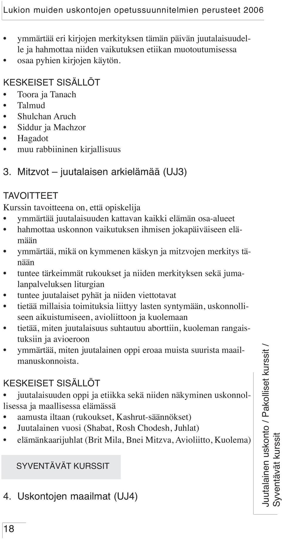 Mitzvot juutalaisen arkielämää (UJ3) ymmärtää juutalaisuuden kattavan kaikki elämän osa-alueet hahmottaa uskonnon vaikutuksen ihmisen jokapäiväiseen elämään ymmärtää, mikä on kymmenen käskyn ja