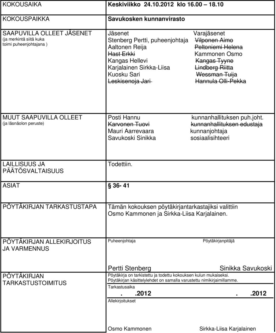 Karjalainen Sirkka-Liisa Kuosku Sari Leskisenoja Jari Varajäsenet Vilponen Aimo Peltoniemi Helena Kammonen Osmo Kangas Tyyne Lindberg Riitta Wessman Tuija Hannula Olli-Pekka MUUT SAAPUVILLA OLLEET