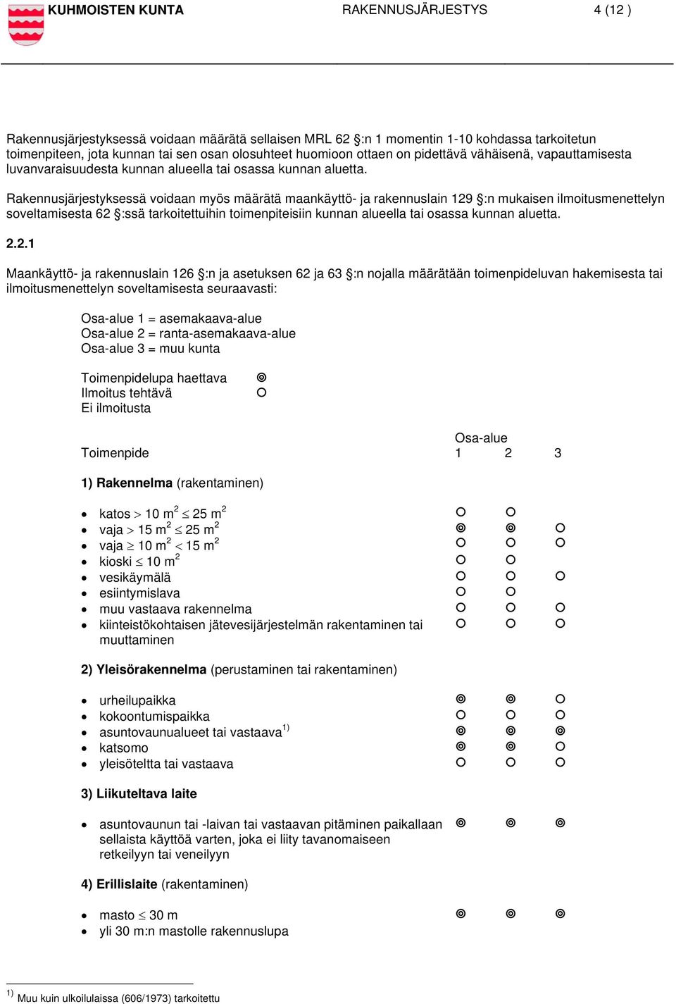 Rakennusjärjestyksessä voidaan myös määrätä maankäyttö- ja rakennuslain 129 :n mukaisen ilmoitusmenettelyn soveltamisesta 62 :ssä tarkoitettuihin toimenpiteisiin kunnan alueella tai osassa kunnan