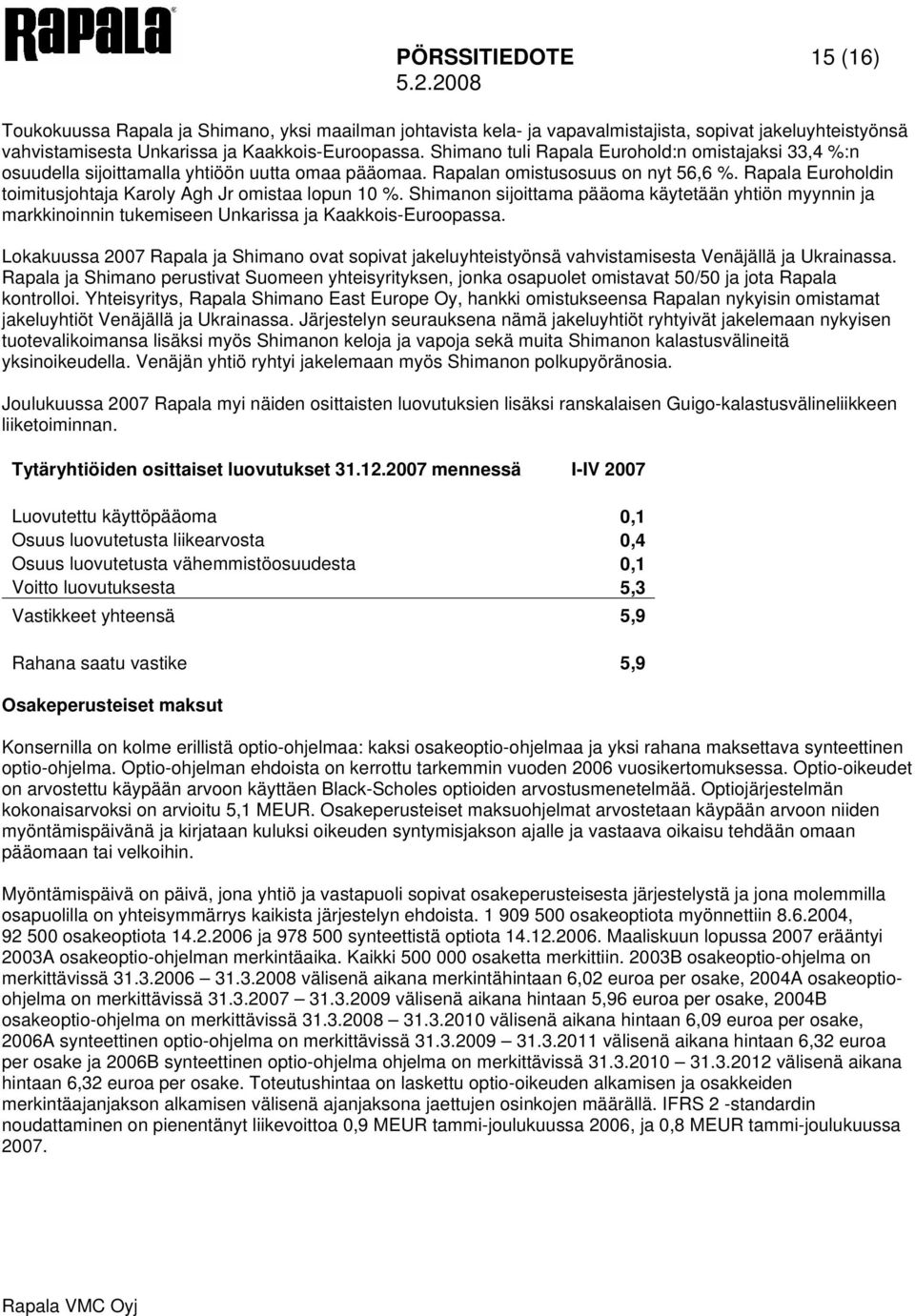 Rapala Euroholdin toimitusjohtaja Karoly Agh Jr omistaa lopun 10 %. Shimanon sijoittama pääoma käytetään yhtiön myynnin ja markkinoinnin tukemiseen Unkarissa ja Kaakkois-Euroopassa.