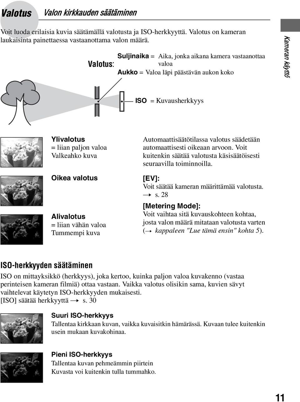 valotus Alivalotus = liian vähän valoa Tummempi kuva Automaattisäätötilassa valotus säädetään automaattisesti oikeaan arvoon. Voit kuitenkin säätää valotusta käsisäätöisesti seuraavilla toiminnoilla.