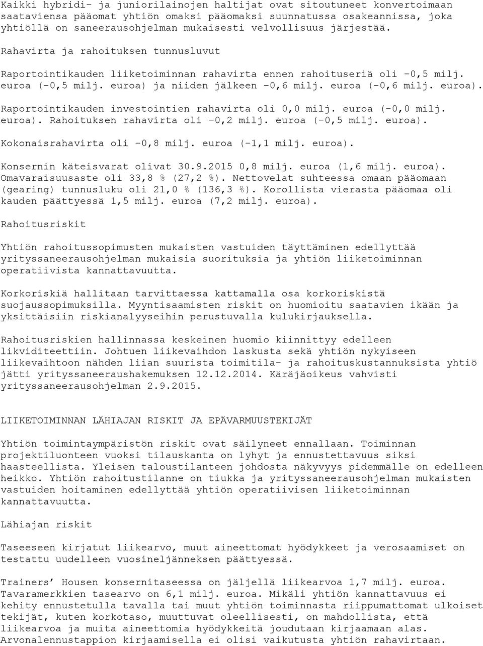 euroa (-0,6 milj. euroa). Raportointikauden investointien rahavirta oli 0,0 milj. euroa (-0,0 milj. euroa). Rahoituksen rahavirta oli 0,2 milj. euroa (-0,5 milj. euroa). Kokonaisrahavirta oli 0,8 milj.