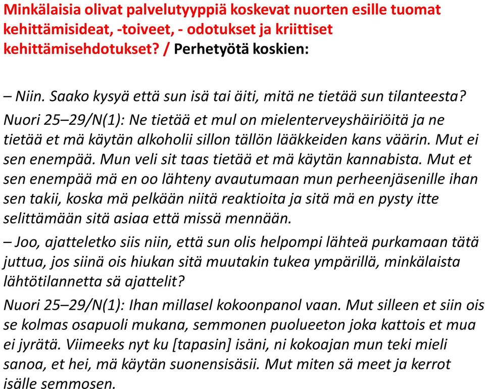 Nuori 25 29/N(1): Ne tietää et mul on mielenterveyshäiriöitä ja ne tietää et mä käytän alkoholii sillon tällön lääkkeiden kans väärin. Mut ei sen enempää.