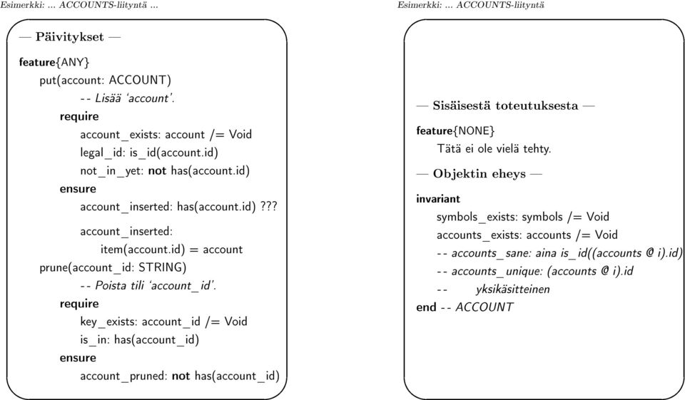 id) Objektin eheys invariant account_inserted: has(account.id)??? symbols_exists: symbols /= Void accounts_exists: accounts /= Void account_inserted: item(account.