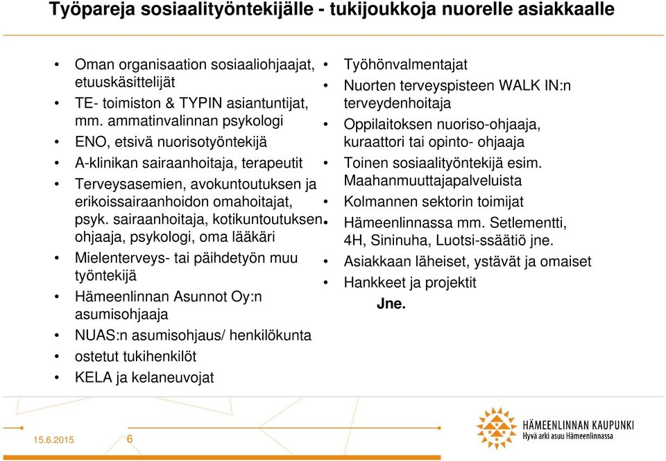 sairaanhoitaja, kotikuntoutuksen ohjaaja, psykologi, oma lääkäri Mielenterveys- tai päihdetyön muu työntekijä Hämeenlinnan Asunnot Oy:n asumisohjaaja NUAS:n asumisohjaus/ henkilökunta ostetut