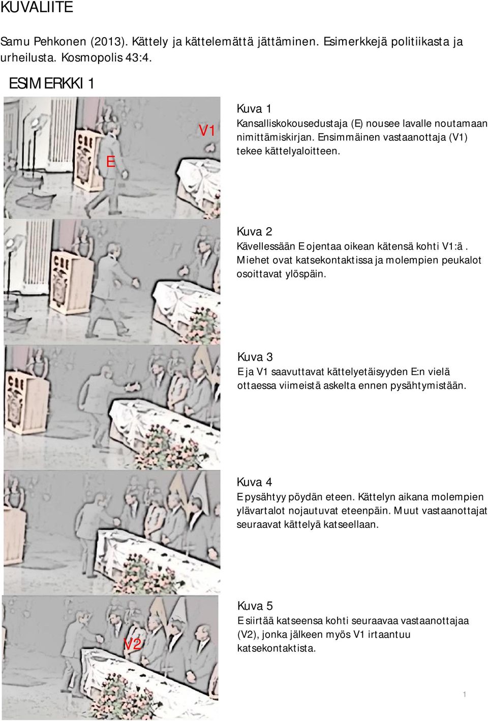 Kuva 2 Kävellessään E ojentaa oikean kätensä kohti V1:ä. Miehet ovat katsekontaktissa ja molempien peukalot osoittavat ylöspäin.