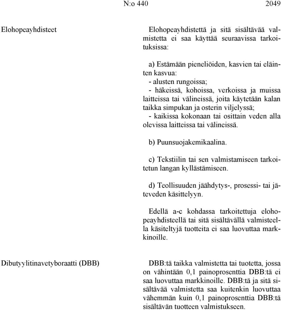 välineissä. b) Puunsuojakemikaalina. c) Tekstiilin tai sen valmistamiseen tarkoitetun langan kyllästämiseen. d) Teollisuuden jäähdytys-, prosessi- tai jäteveden käsittelyyn.