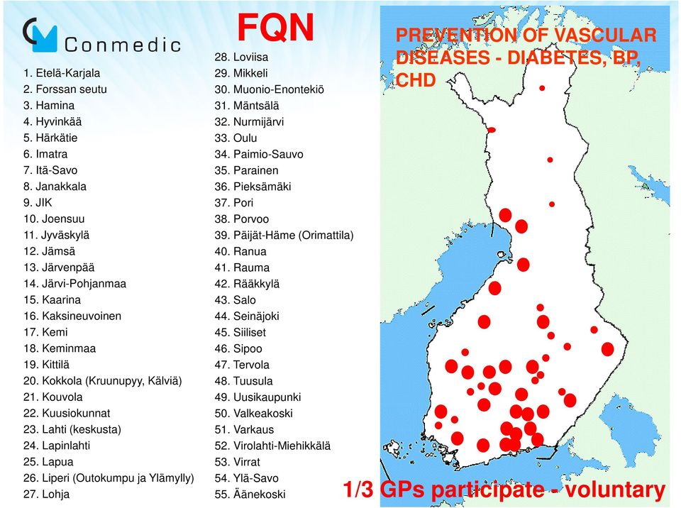 Lohja FQN 28. Loviisa 29. Mikkeli 30. Muonio-Enontekiö 31. Mäntsälä 32. Nurmijärvi 33. Oulu 34. Paimio-Sauvo 35. Parainen 36. Pieksämäki 37. Pori 38. Porvoo 39. Päijät-Häme (Orimattila) 40.