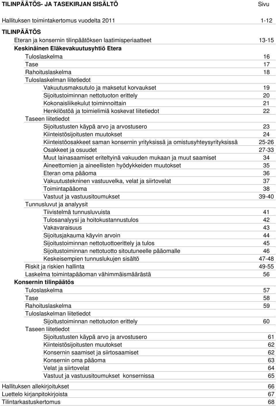 Henkilöstöä ja toimielimiä koskevat liitetiedot 22 Taseen liitetiedot Sijoitustusten käypä arvo ja arvostusero 23 Kiinteistösijoitusten muutokset 24 Kiinteistöosakkeet saman konsernin yrityksissä ja