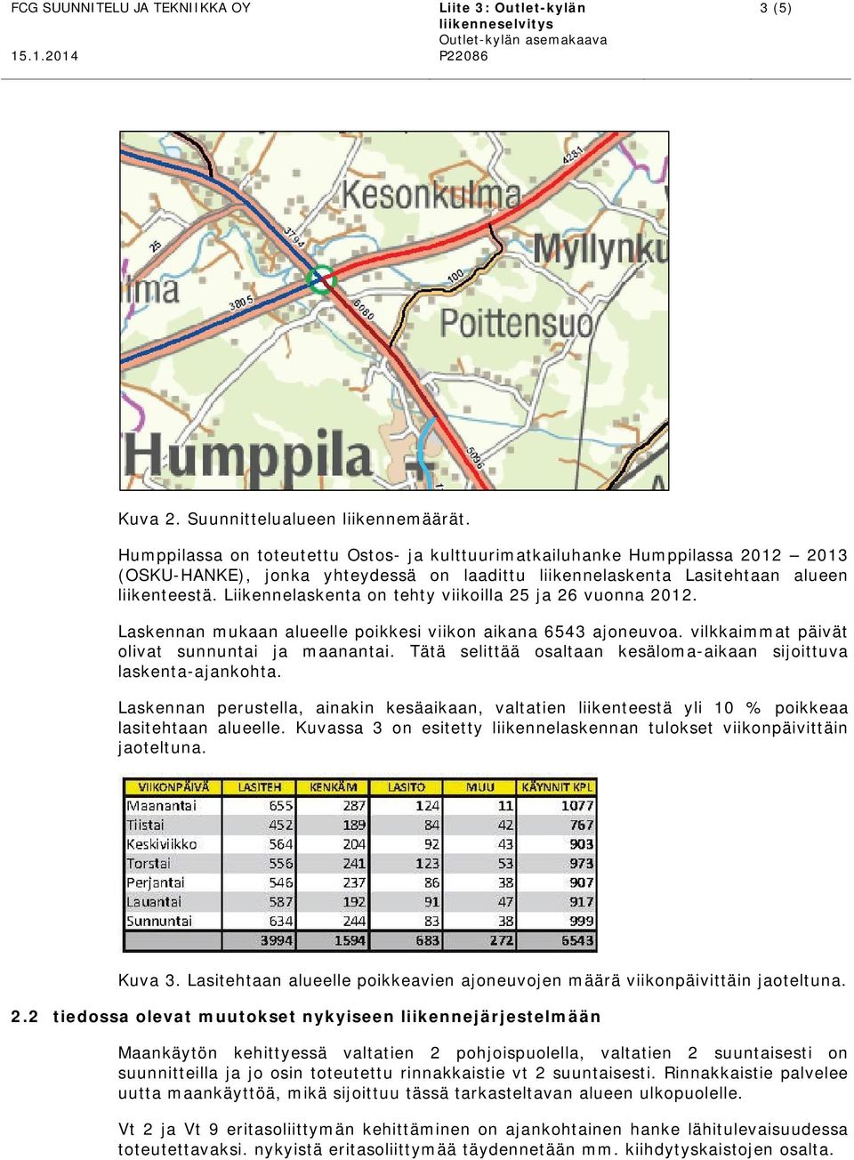 Liikennelaskenta on tehty viikoilla 25 ja 26 vuonna 2012. Laskennan mukaan alueelle poikkesi viikon aikana 6543 ajoneuvoa. vilkkaimmat päivät olivat sunnuntai ja maanantai.