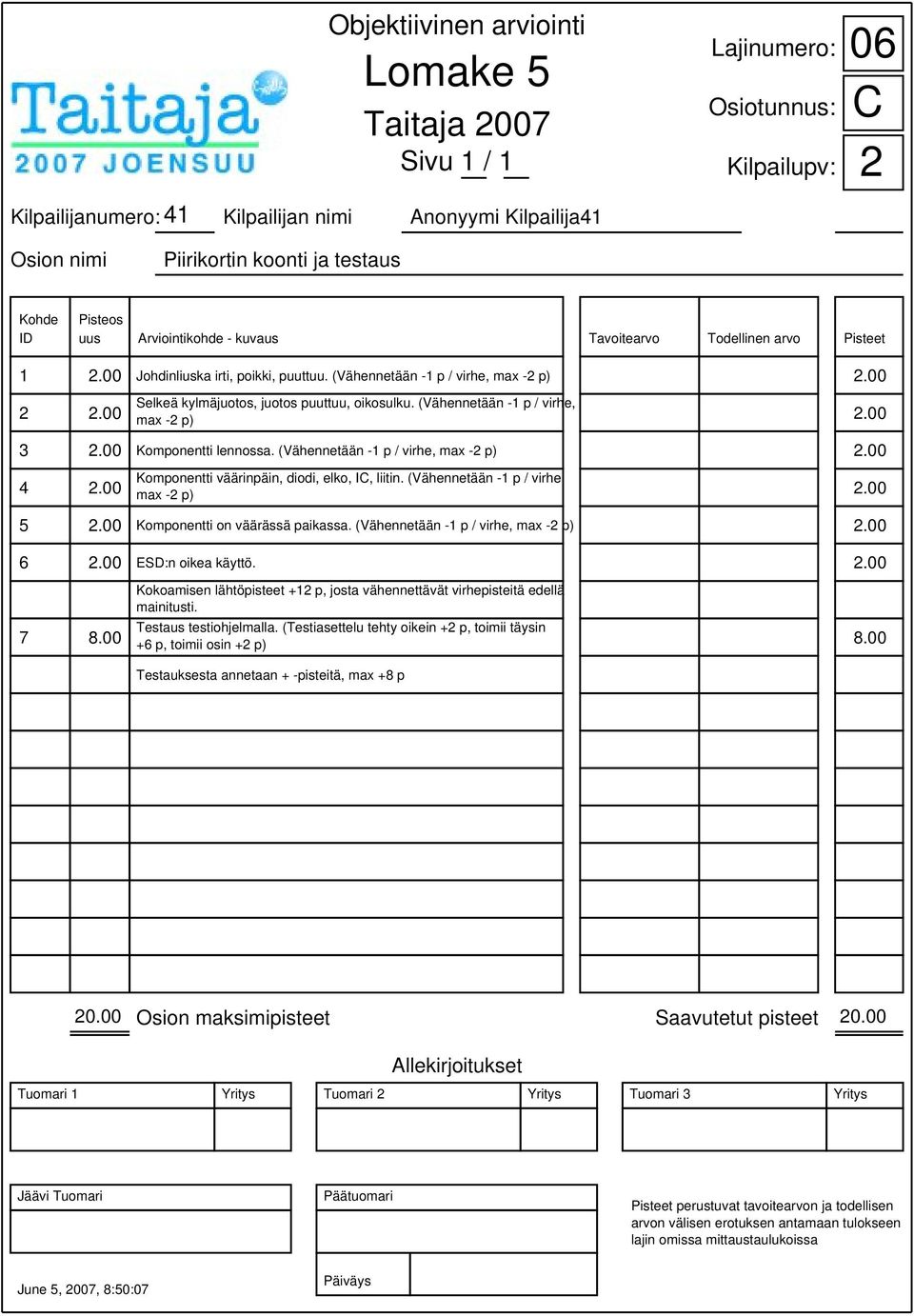 00 Komponentti väärinpäin, diodi, elko, IC, liitin. (Vähennetään -1 p / virhe, max -2 p) 2.00 5 2.00 Komponentti on väärässä paikassa. (Vähennetään -1 p / virhe, max -2 p) 2.00 6 2.