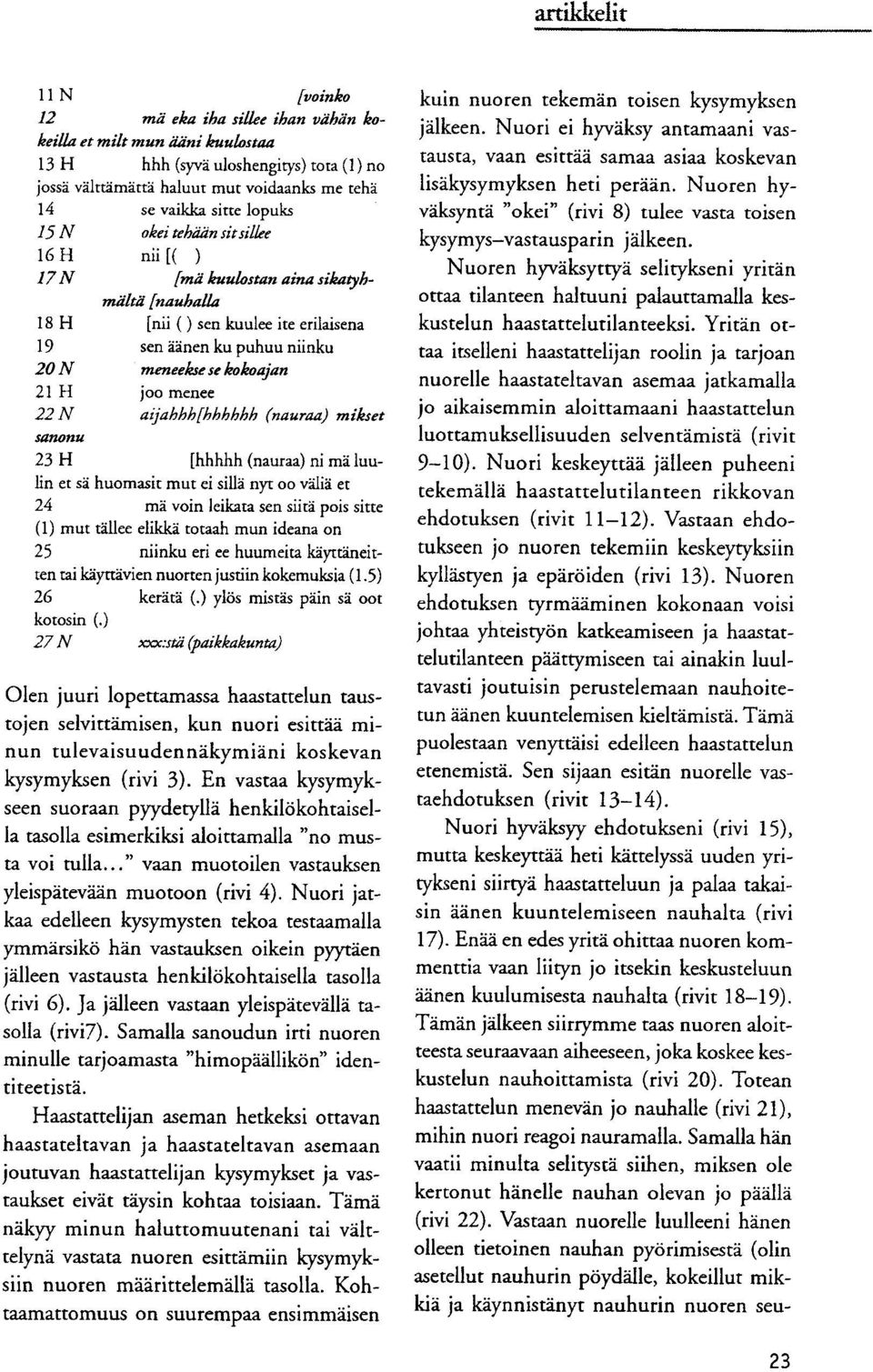 anen ku puhuu niinku 20 N meneekse se kokoajan 21 H joo menee 22 N aijahhhihhhhhh (nauraa) mikset sanonu 23 H [hhhhh (nauraa) ni ma luulin et sä huomasit mut ei sills nyt oo valid et 24 ma voin