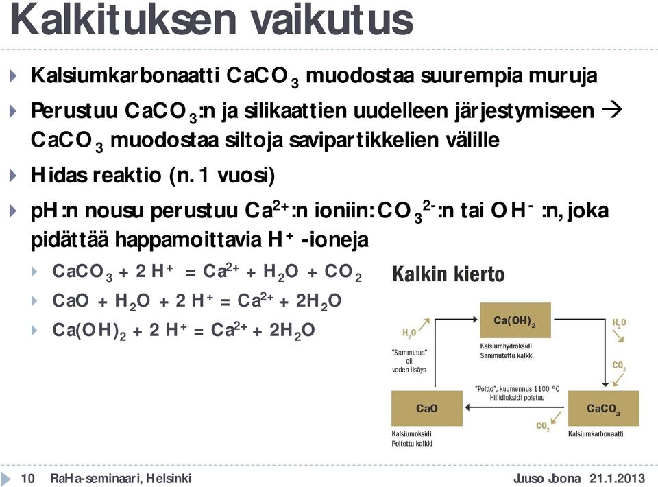 1 vuosi) ph:n nousu perustuu Ca 2+ :n ioniin: CO 3 2- :n tai OH - :n, joka pidättää happamoittavia H + -ioneja CaCO