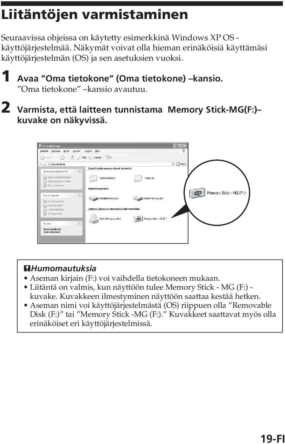 2 Varmista, että laitteen tunnistama Memory Stick-MG(F:) kuvake on näkyvissä. PHumomautuksia Aseman kirjain (F:) voi vaihdella tietokoneen mukaan.