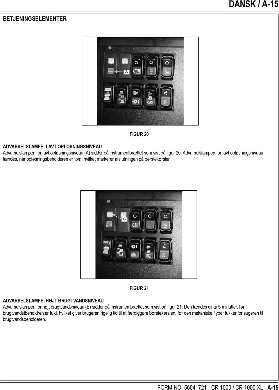 FIGUR 21 ADVARSELSLAMPE, HØJT BRUGTVANDSNIVEAU Advarselslampen for højt brugtvandsniveau (B) sidder på instrumentbrættet som vist på figur 21.