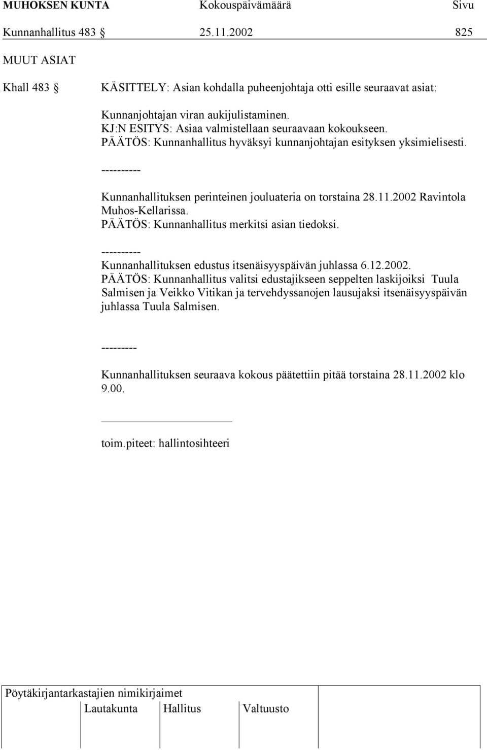 11.2002 Ravintola Muhos-Kellarissa. PÄÄTÖS: Kunnanhallitus merkitsi asian tiedoksi. ---------- Kunnanhallituksen edustus itsenäisyyspäivän juhlassa 6.12.2002. PÄÄTÖS: Kunnanhallitus valitsi edustajikseen seppelten laskijoiksi Tuula Salmisen ja Veikko Vitikan ja tervehdyssanojen lausujaksi itsenäisyyspäivän juhlassa Tuula Salmisen.