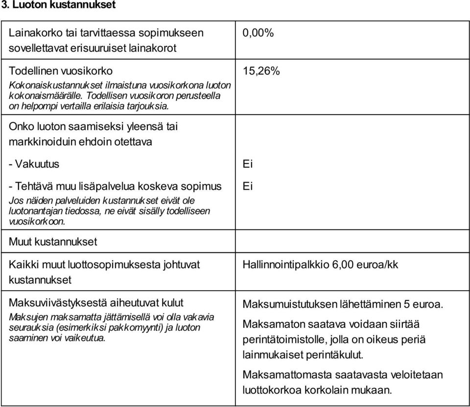 Onko luoton saamiseksi yleensä tai markkinoiduin ehdoin otettava - Vakuutus Ei - Tehtävä muu lisäpalvelua koskeva sopimus Jos näiden palveluiden kustannukset eivät ole luotonantajan tiedossa, ne