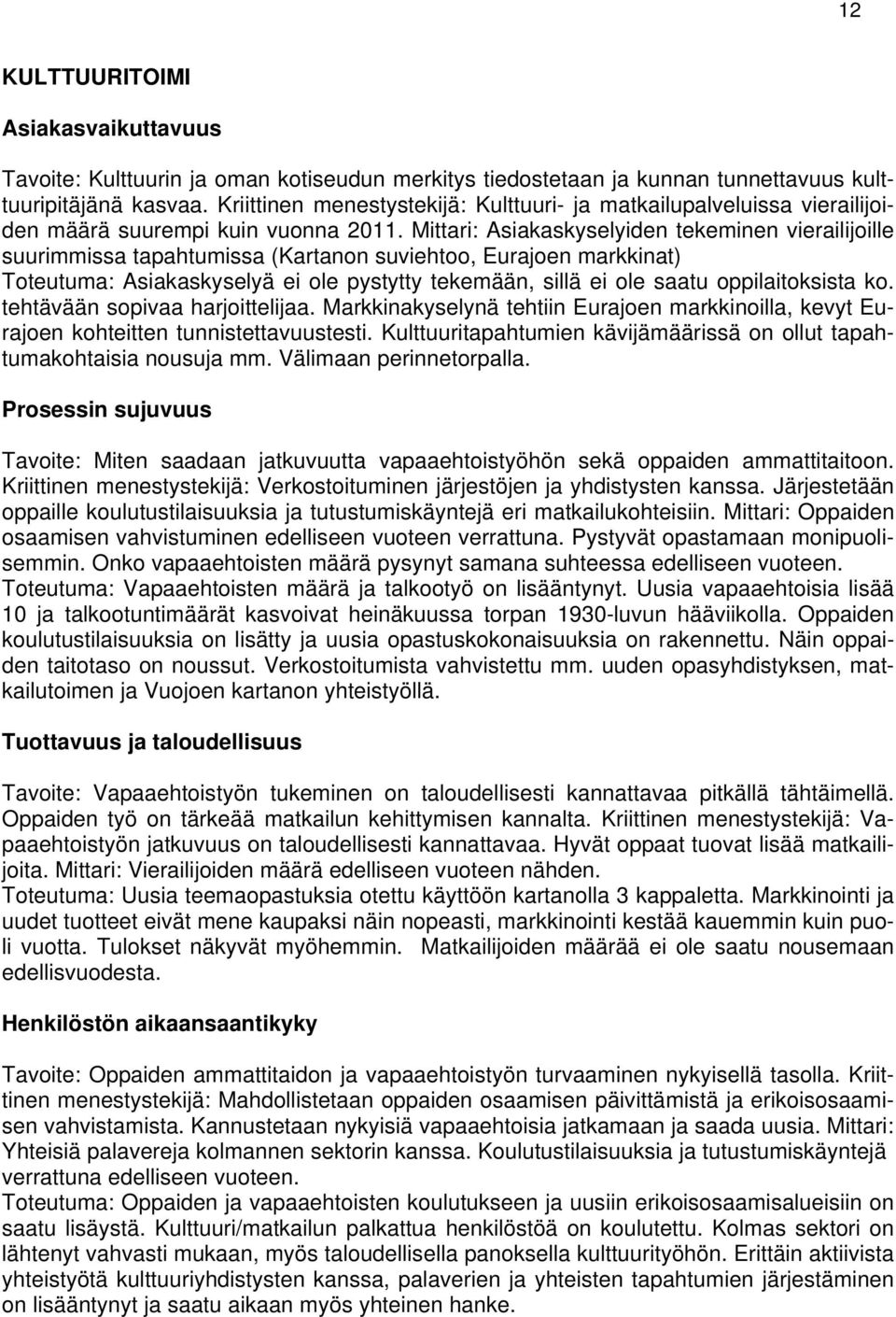 Mittari: Asiakaskyselyiden tekeminen vierailijoille suurimmissa tapahtumissa (Kartanon suviehtoo, Eurajoen markkinat) Toteutuma: Asiakaskyselyä ei ole pystytty tekemään, sillä ei ole saatu