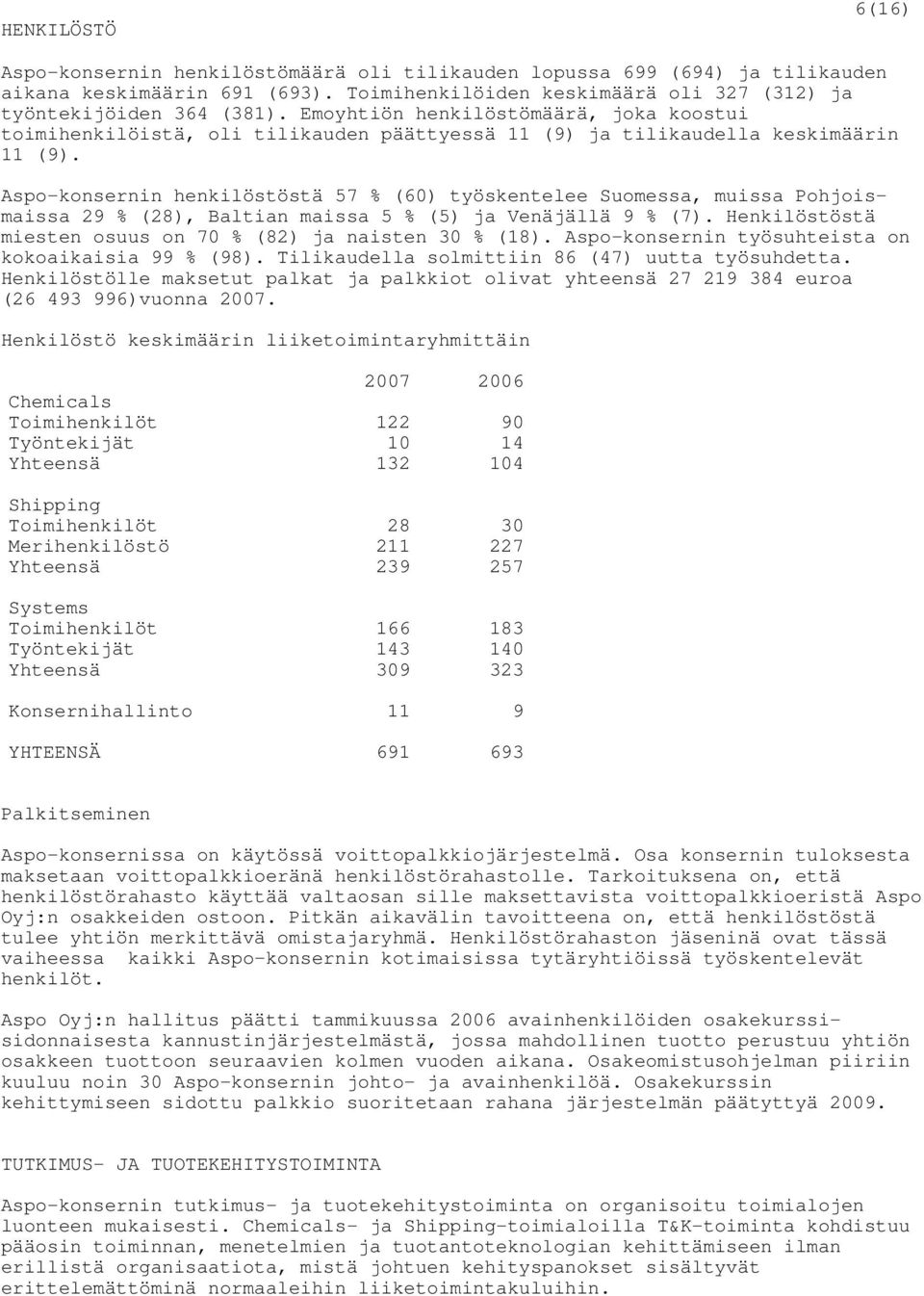 Aspo-konsernin henkilöstöstä 57 % (60) työskentelee Suomessa, muissa Pohjoismaissa 29 % (28), Baltian maissa 5 % (5) ja Venäjällä 9 % (7).