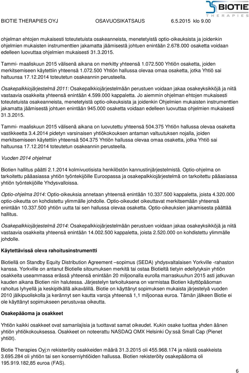 500 Yhtiön osaketta, joiden merkitsemiseen käytettiin yhteensä 1.072.500 Yhtiön hallussa olevaa omaa osaketta, jotka Yhtiö sai haltuunsa 17.12.2014 toteutetun osakeannin perusteella.