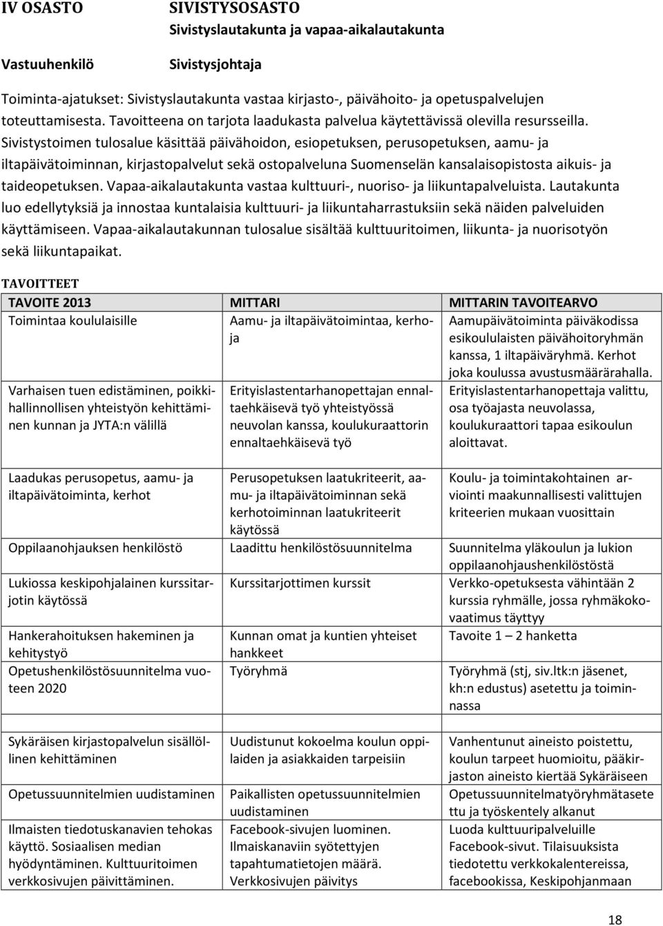 Sivistystoimen tulosalue käsittää päivähoidon, esiopetuksen, perusopetuksen, aamu- ja iltapäivätoiminnan, kirjastopalvelut sekä ostopalveluna Suomenselän kansalaisopistosta aikuis- ja taideopetuksen.