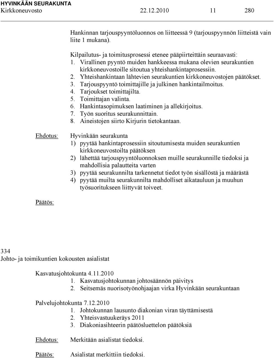 Tarjouspyyntö toimittajille ja julkinen hankintailmoitus. 4. Tarjoukset toimittajilta. 5. Toimittajan valinta. 6. Hankintasopimuksen laatiminen ja allekirjoitus. 7. Työn suoritus seurakunnittain. 8.