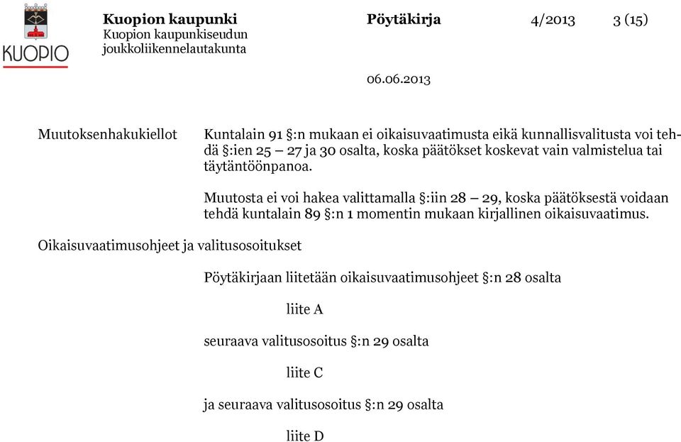 Oikaisuvaatimusohjeet ja valitusosoitukset Muutosta ei voi hakea valittamalla :iin 28 29, koska päätöksestä voidaan tehdä kuntalain 89 :n 1