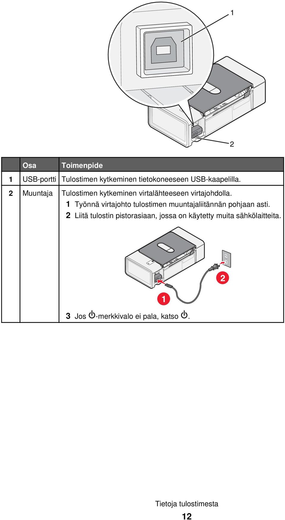 1 Työnnä virtajohto tulostimen muuntajaliitännän pohjaan asti.