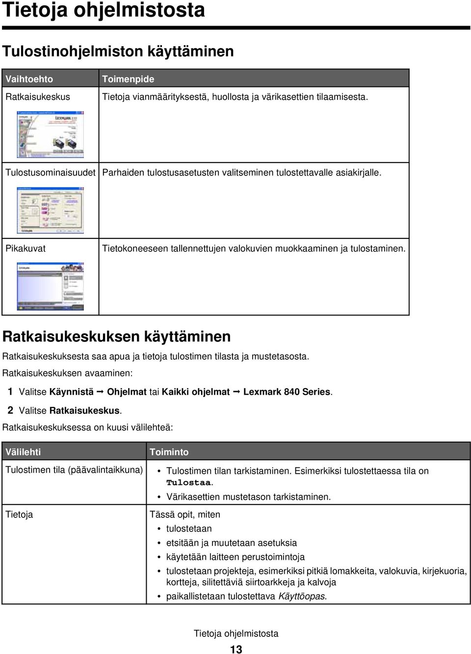 Ratkaisukeskuksen käyttäminen Ratkaisukeskuksesta saa apua ja tietoja tulostimen tilasta ja mustetasosta.