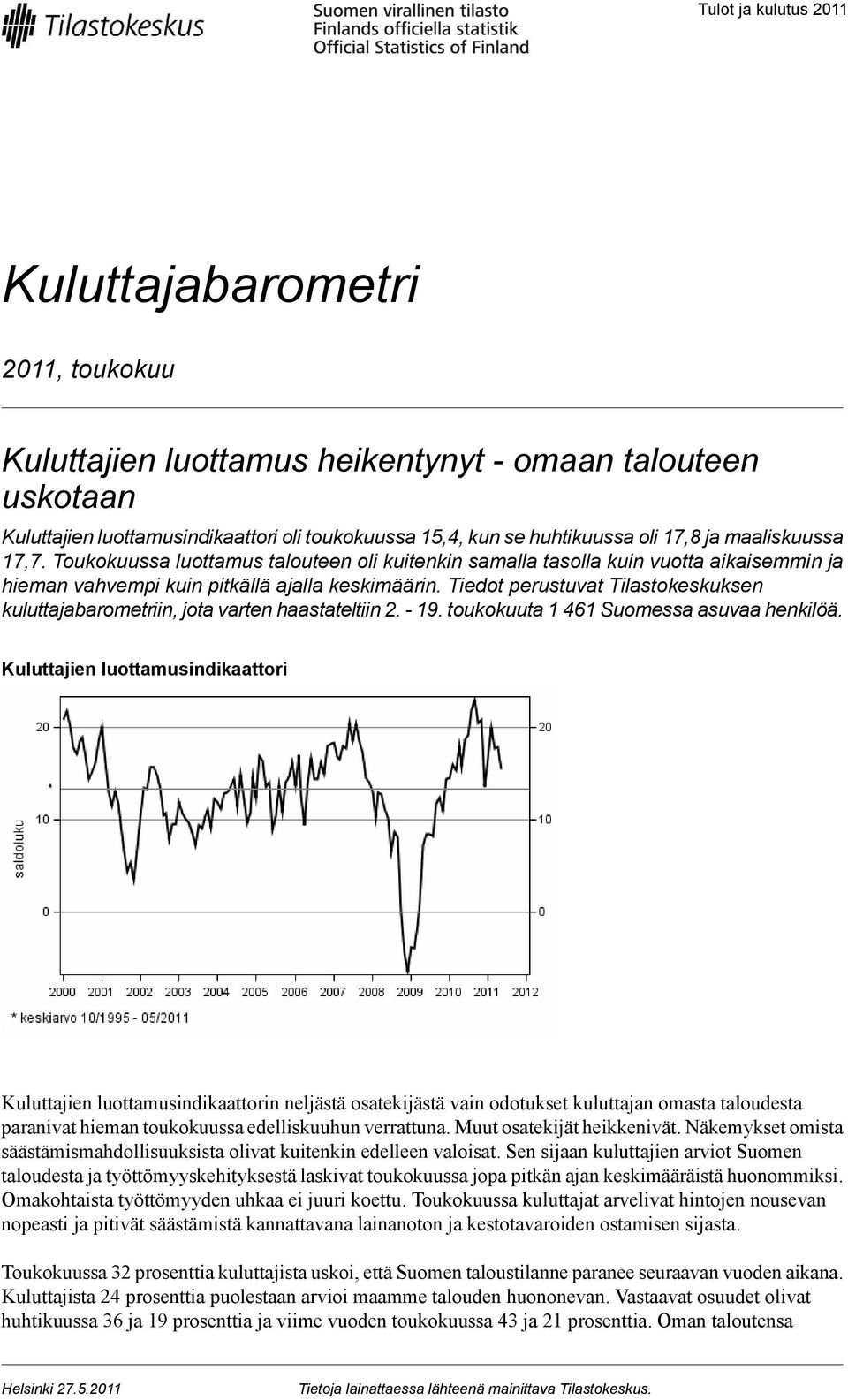 Tiedot perustuvat Tilastokeskuksen kuluttajabarometriin, jota varten haastateltiin 2. - 19. toukokuuta 1 461 Suomessa asuvaa henkilöä.