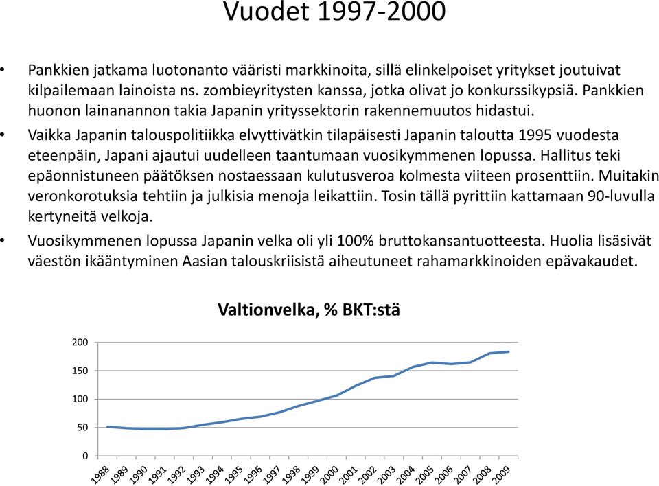 Vaikka Japanin talouspolitiikka elvyttivätkin tilapäisesti Japanin taloutta 1995 vuodesta eteenpäin, Japani ajautui uudelleen taantumaan vuosikymmenen lopussa.