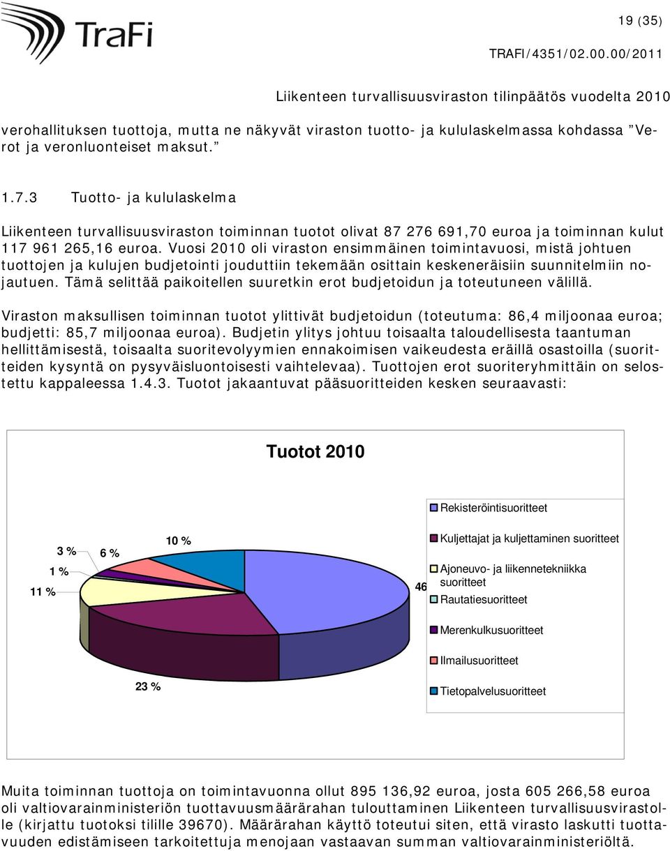 Vuosi 2010 oli viraston ensimmäinen toimintavuosi, mistä johtuen tuottojen ja kulujen budjetointi jouduttiin tekemään osittain keskeneräisiin suunnitelmiin nojautuen.