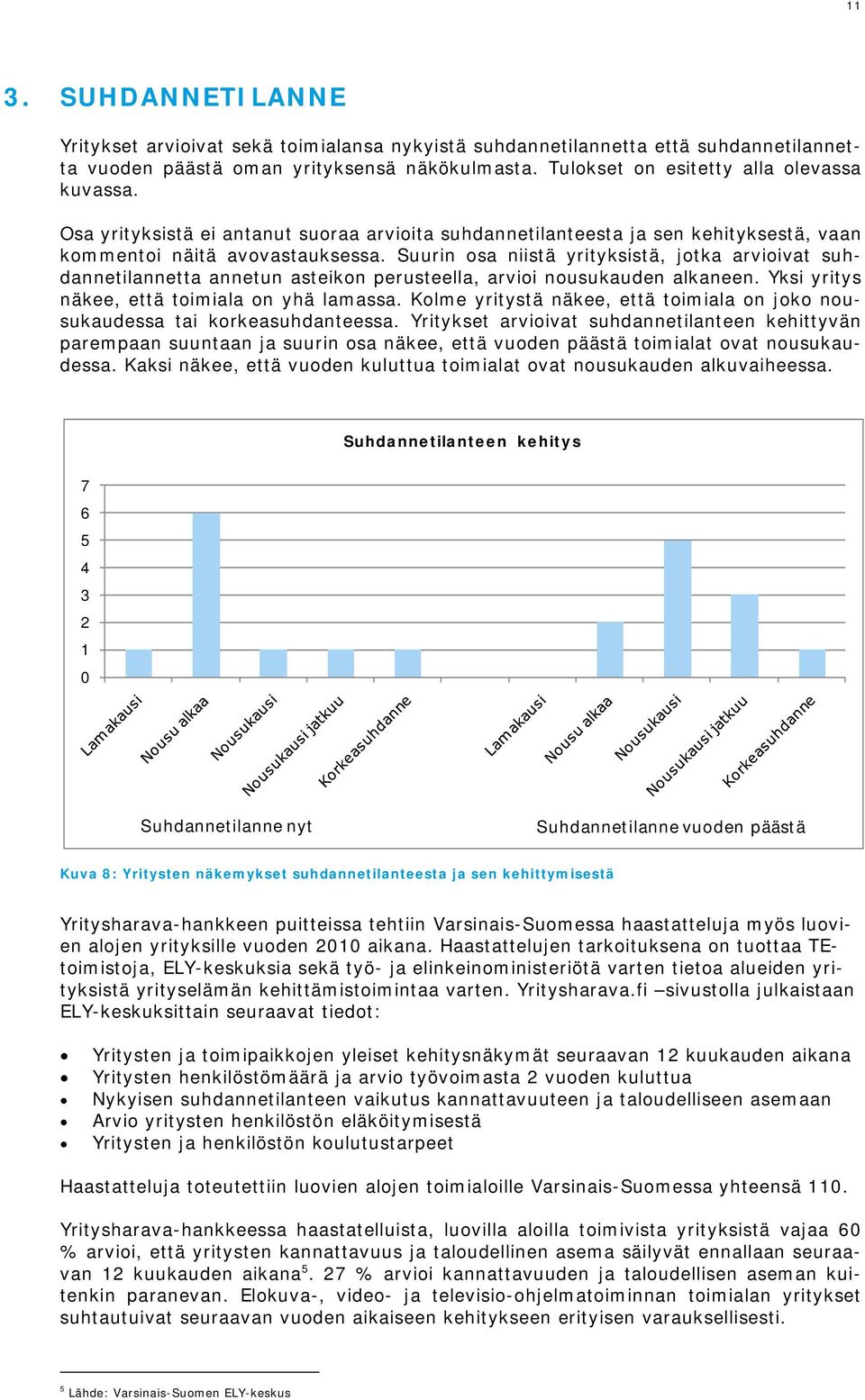 Suurin osa niistä yrityksistä, jotka arvioivat suhdannetilannetta annetun asteikon perusteella, arvioi nousukauden alkaneen. Yksi yritys näkee, että toimiala on yhä lamassa.