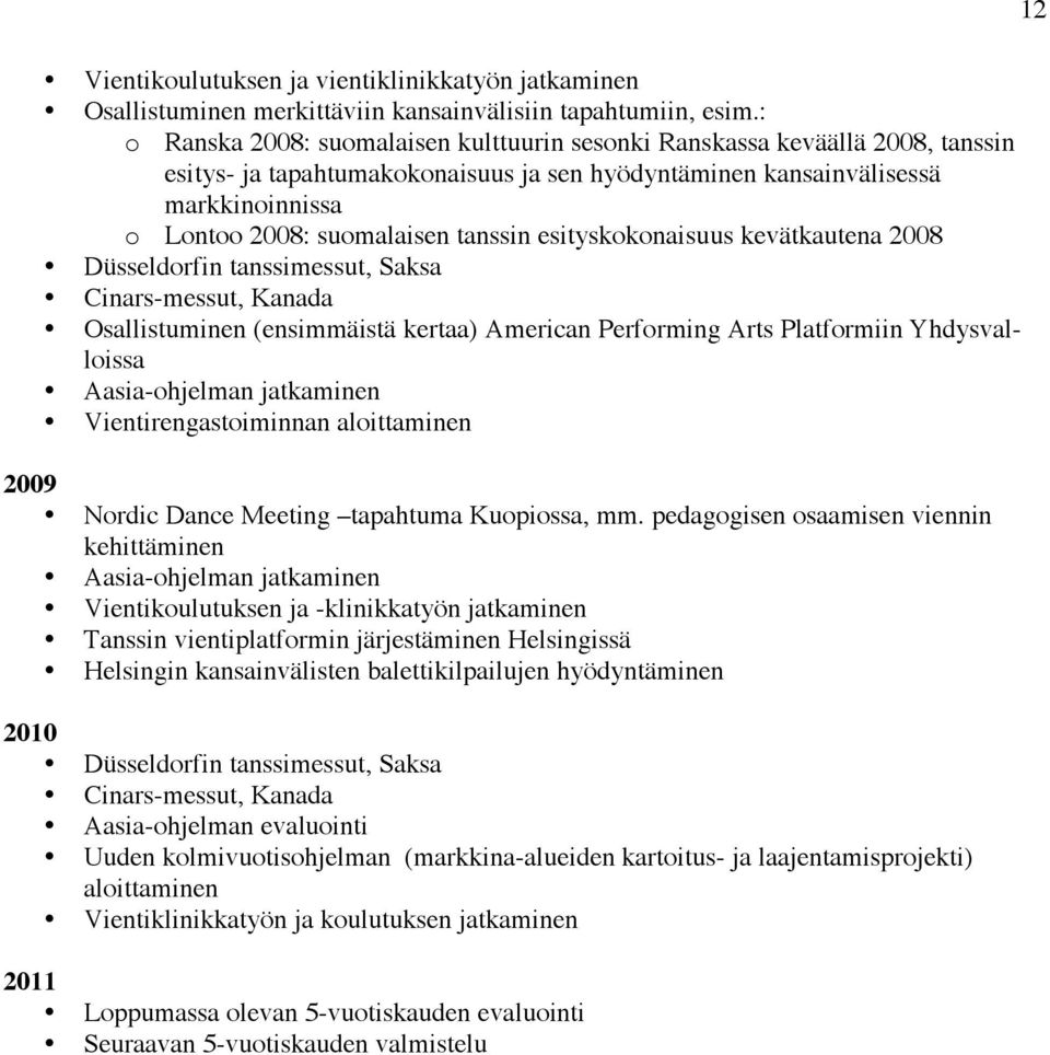 tanssin esityskokonaisuus kevätkautena 2008 Düsseldorfin tanssimessut, Saksa Cinars-messut, Kanada Osallistuminen (ensimmäistä kertaa) American Performing Arts Platformiin Yhdysvalloissa