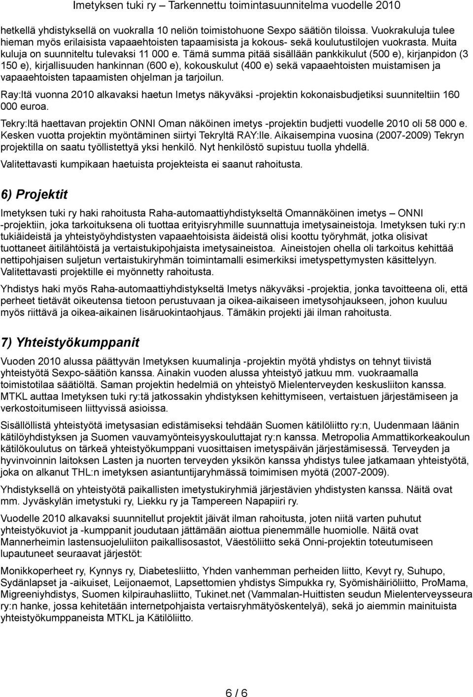 Tämä summa pitää sisällään pankkikulut (500 e), kirjanpidon (3 150 e), kirjallisuuden hankinnan (600 e), kokouskulut (400 e) sekä vapaaehtoisten muistamisen ja vapaaehtoisten tapaamisten ohjelman ja