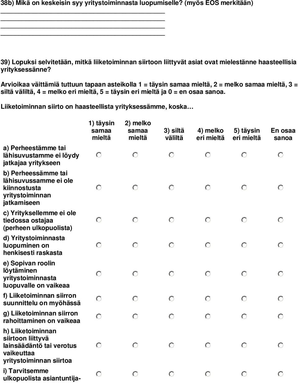 Liiketoiminnan siirto on haasteellista yrityksessämme, koska a) Perheestämme tai lähisuvustamme ei löydy jatkajaa yritykseen b) Perheessämme tai lähisuvussamme ei ole kiinnostusta yritystoiminnan