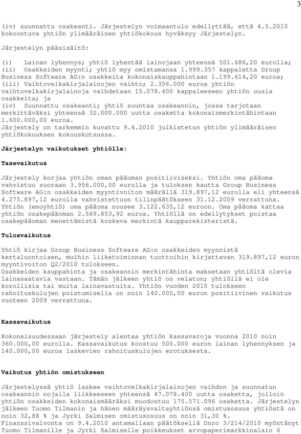 357 kappaletta Group Business Software AG:n osakkeita kokonaiskauppahintaan 1.199.614,20 euroa; (iii) Vaihtovelkakirjalainojen vaihto; 2.356.000 euroa yhtiön vaihtovelkakirjalainoja vaihdetaan 15.078.