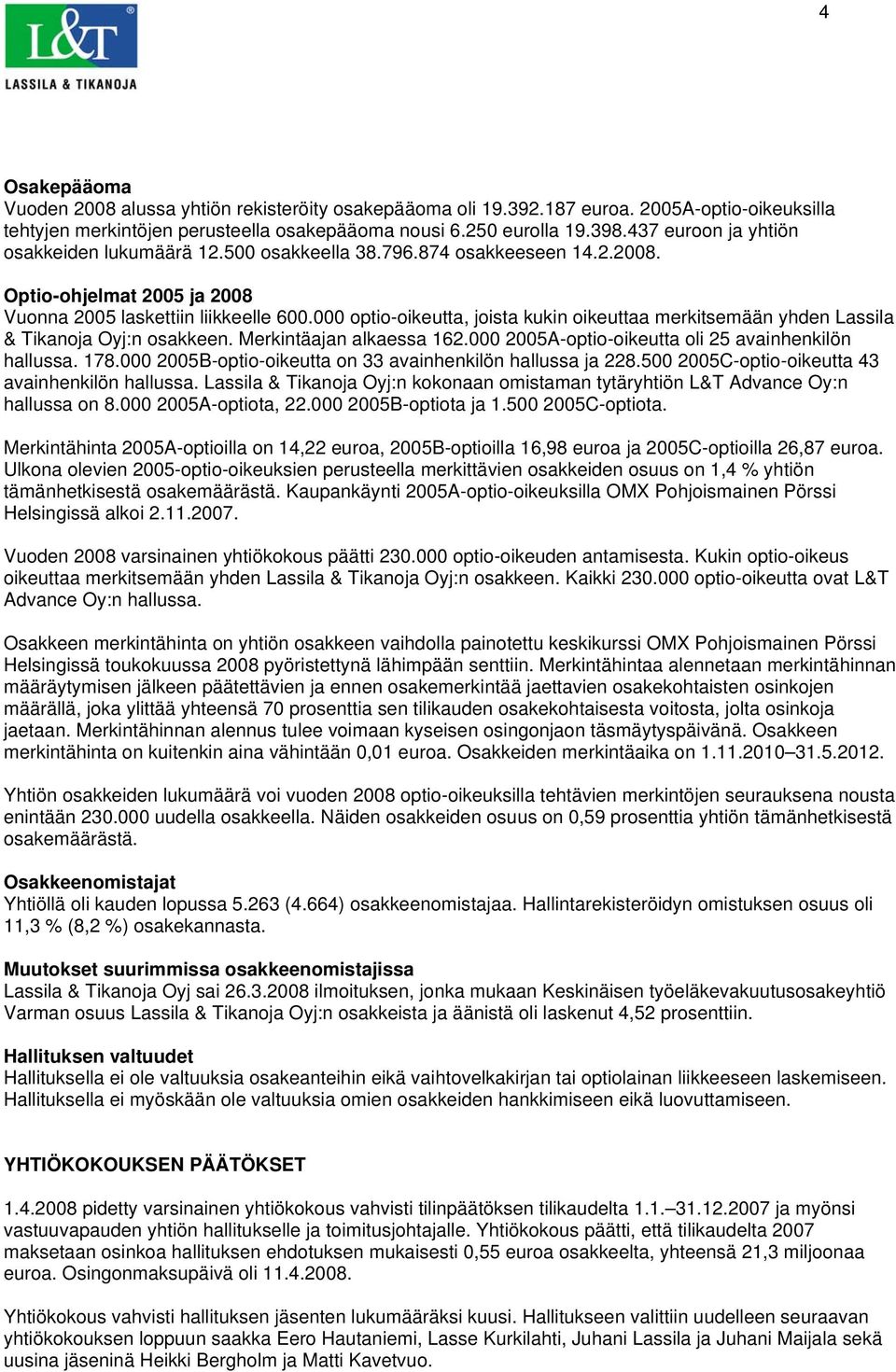 000 optio-oikeutta, joista kukin oikeuttaa merkitsemään yhden Lassila & Tikanoja Oyj:n osakkeen. Merkintäajan alkaessa 162.000 2005A-optio-oikeutta oli 25 avainhenkilön hallussa. 178.