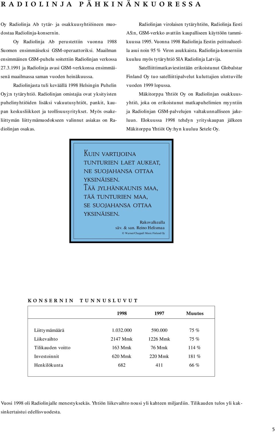 Radiolinjasta tuli keväällä 1998 Helsingin Puhelin Oyj:n tytäryhtiö.