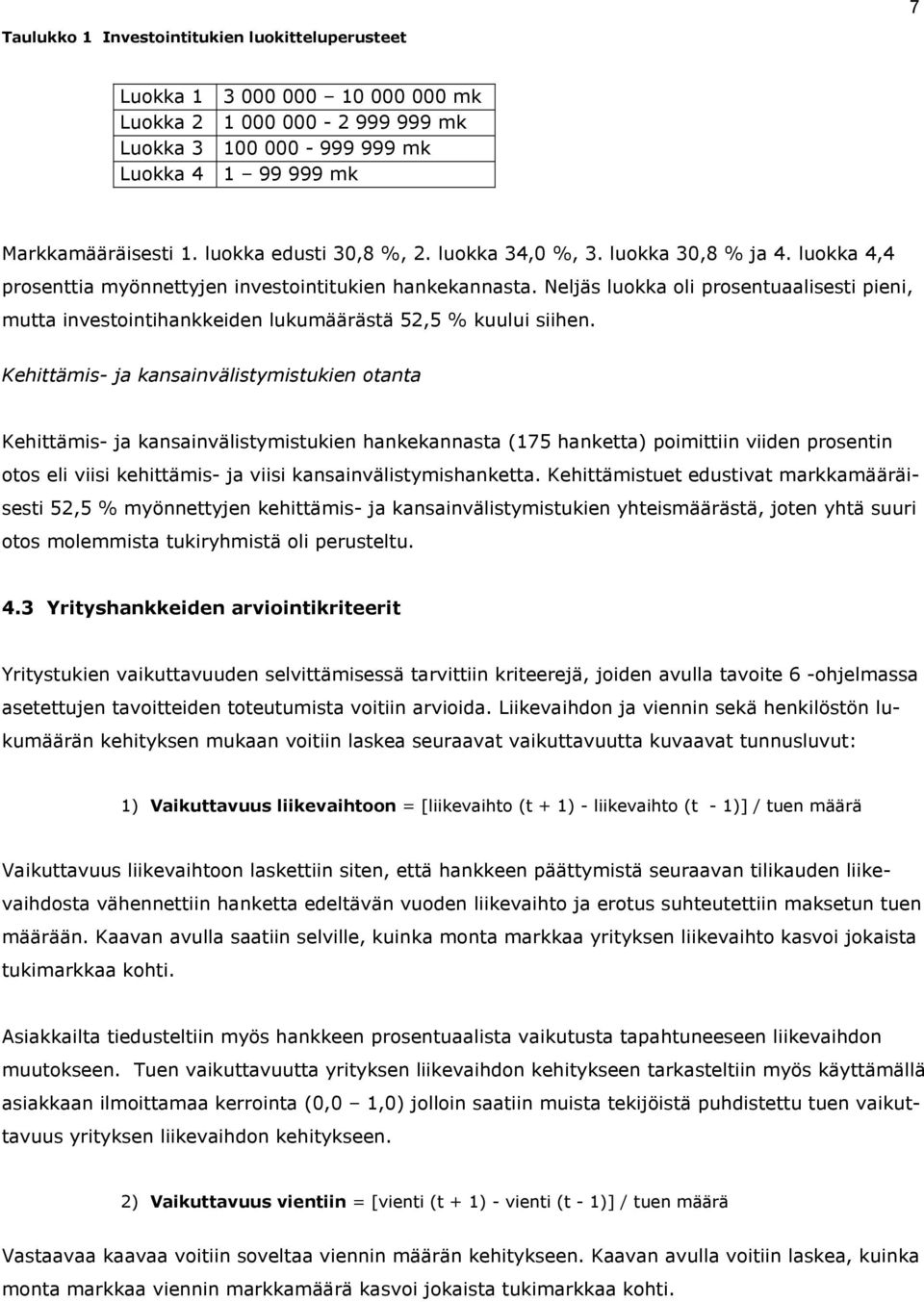 Neljäs luokka oli prosentuaalisesti pieni, mutta investointihankkeiden lukumäärästä 52,5 % kuului siihen.