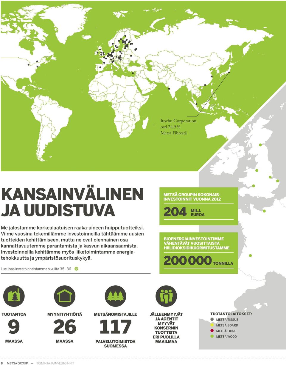 Investoinneilla kehitämme myös liike toimintamme energiatehokkuutta ja ympäristösuorituskykyä. Lue lisää investoinneistamme sivuilta 35 36 Metsä Groupin kokonaisinvestoinnit vuonna 2012 204 milj.