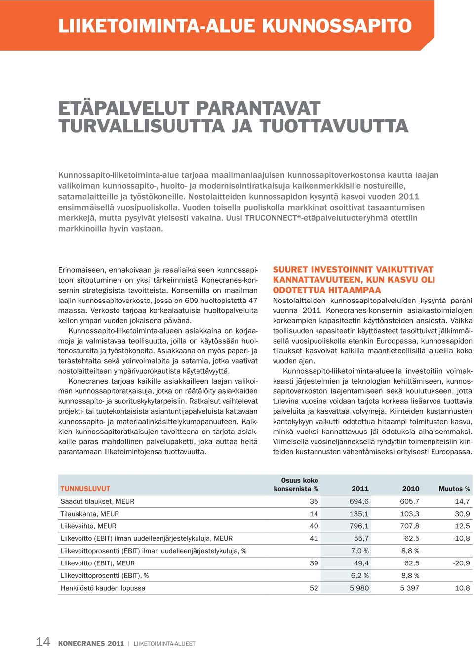 Nostolaitteiden kunnossapidon kysyntä kasvoi vuoden 2011 ensimmäisellä vuosipuoliskolla. Vuoden toisella puoliskolla markkinat osoittivat tasaantumisen merkkejä, mutta pysyivät yleisesti vakaina.