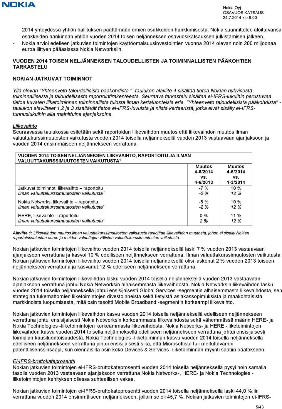 - Nokia arvioi edelleen jatkuvien toimintojen käyttöomaisuusinvestointien vuonna 2014 olevan noin 200 miljoonaa euroa liittyen pääasiassa Nokia Networksiin.