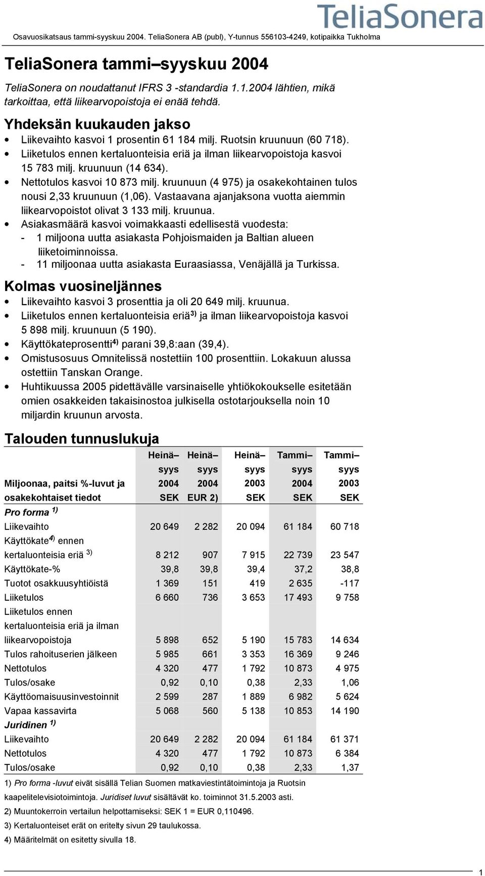 Nettotulos kasvoi 10 873 milj. kruunuun (4 975) ja osakekohtainen tulos nousi 2,33 kruunuun (1,06). Vastaavana ajanjaksona vuotta aiemmin liikearvopoistot olivat 3 133 milj. kruunua.