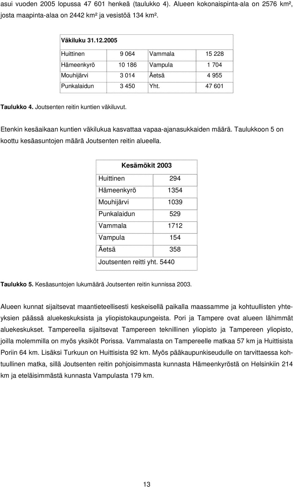 Etenkin kesäaikaan kuntien väkilukua kasvattaa vapaa-ajanasukkaiden määrä. Taulukkoon 5 on koottu kesäasuntojen määrä Joutsenten reitin alueella.