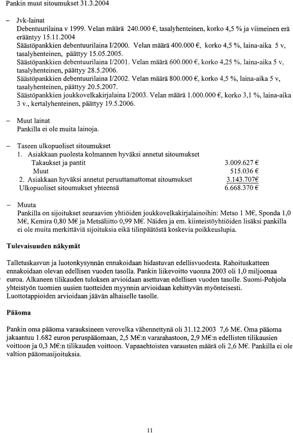 5.2006. Säästöpankkien debentuurilaina U2002. Velan määrä 800.000, korko 4,5 %, laina-aika 5 v, tasalyhenteinen, päättyy 20.5.2007. Säästöpankkien joukkovelkakirjalaina I/2003. Velan määrä 1.OOO.