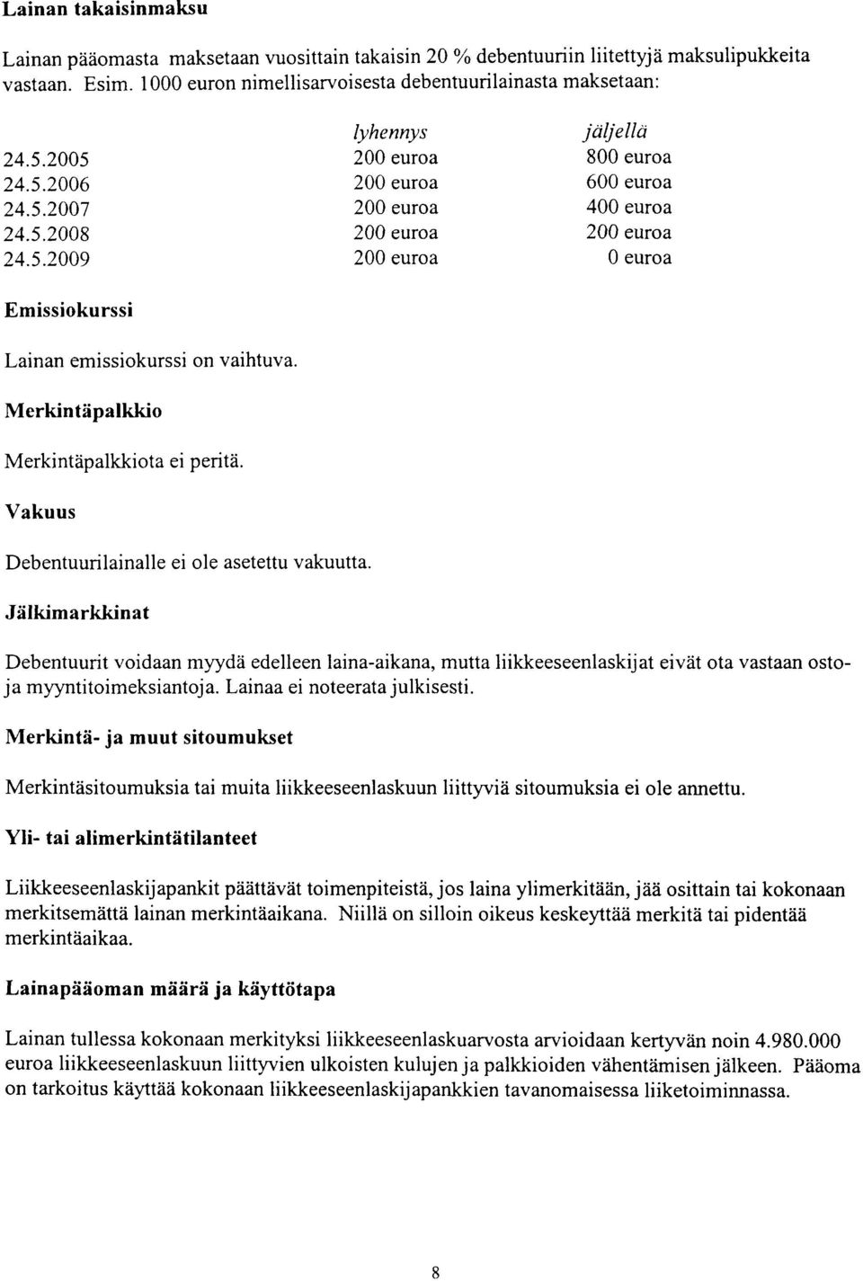 Vakuus lyhennys 200 euroa 200 euroa 200 euroa 200 euroa 200 euroa jäljellä 800 euroa 600 euroa 400 euroa 200 euroa 0 euroa Debentuurilainalle ei ole asetettu vakuutta.