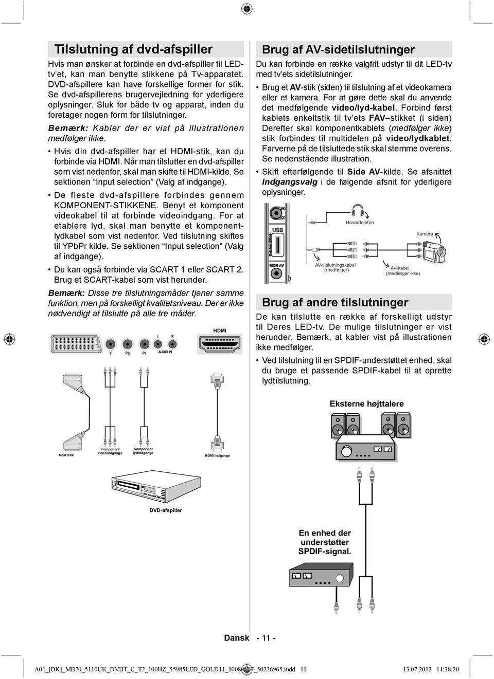 Bemærk: Kabler der er vist på illustrationen medfølger ikke. Hvis din dvd-afspiller har et HDMI-stik, kan du forbinde via HDMI.