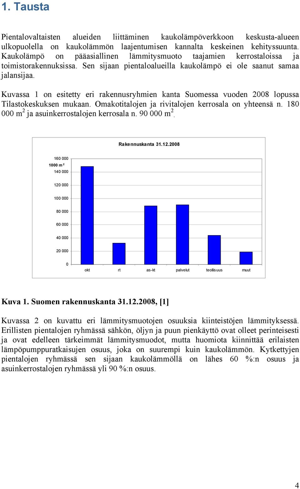 Kuvassa 1 on esitetty eri rakennusryhmien kanta Suomessa vuoden 2008 lopussa Tilastokeskuksen mukaan. Omakotitalojen ja rivitalojen kerrosala on yhteensä n.